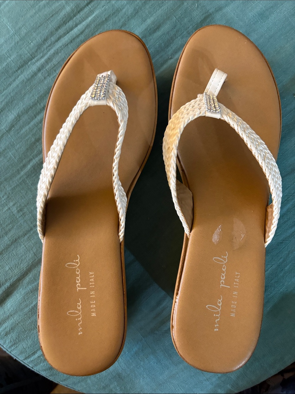 Mila Paoli Cream Braided Thong Sandals with Rhinestone Accent